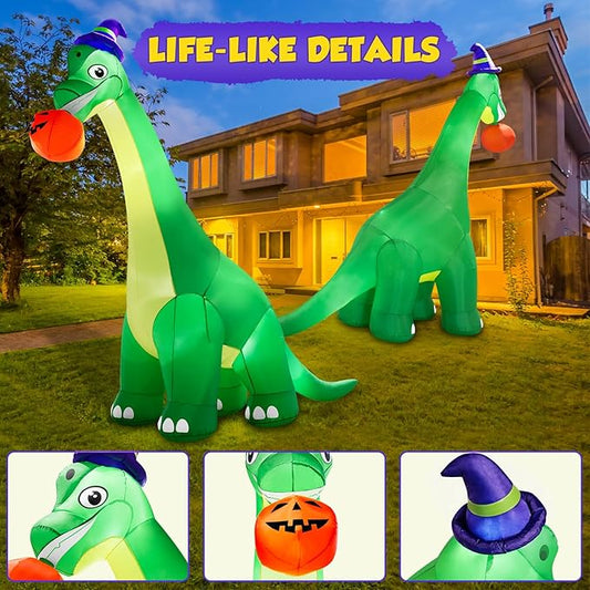 13Ft Giant Halloween Dinosaur Inflatable Decorations, Bite Large Pumpkin with Witch Hat Build-in LED Light Strong Blower Huge Blow Up Yard Clearance Decor for Outdoor Indoor Holiday Party Yard