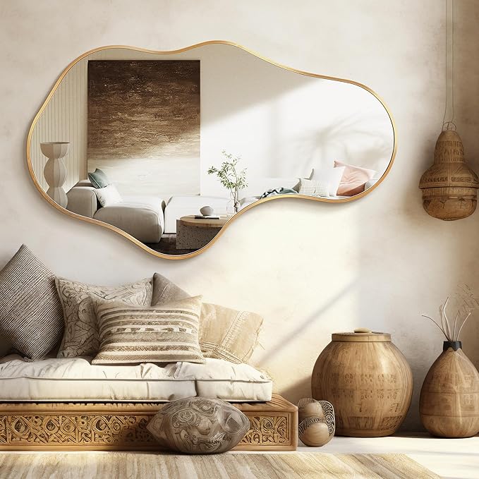 Irregular Wall Mirror - Wall Mirrors Decorative 26"x 43" Asymmetrical Abstract Mirror Aviation Aluminum Alloy Frame Unique for Bathroom, Bedroom, Living Room, Cloakroom, Entryway Gold