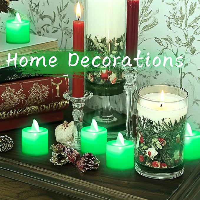 LANKER 24 Pack Flameless Led Tea Lights Candles, Flickering Green Battery Operated Electronic Fake Candles, Decorations for Party, Christmas, Halloween and Festival Celebration (Green)