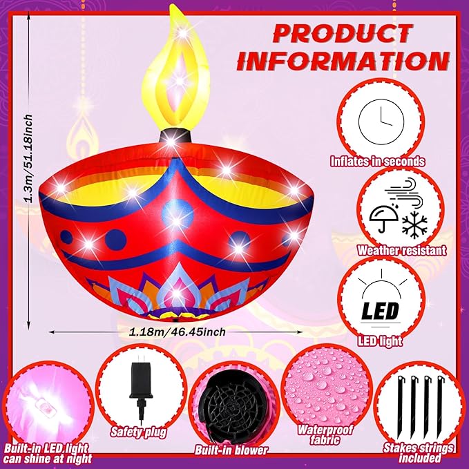 VIHOSE 4 ft Happy Diwali Inflatables Diya Deepavali Themed Blow up Decor Indian Festival LED Lights Inflatable Decoration for Outdoor Indian Diwali Lights Party Lawn Decorations