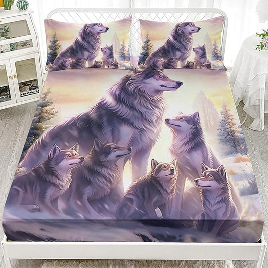 AILONEN Wolf Fitted Sheet Set Full Snow Wolf Bed Sheet Set, Wolfmother and Wolf Pups Theme Bedding Set 3 Pieces Wildlife Wolf Sheet Set for Boys Girls,1 Fitted Sheet with 2 Pillowcases
