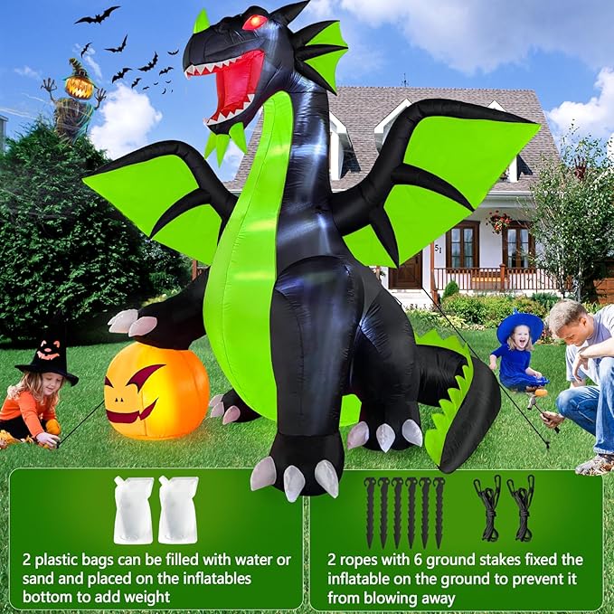 9FT Tall Halloween Inflatables Decorations Outdoor Large Scary Blow Up Pumpkin Dragon, Giant Funny Spooky Light Up Blowups Decor Huge Cute Happy Trick or Treat Outside, Indoor, Entrance, Lawn