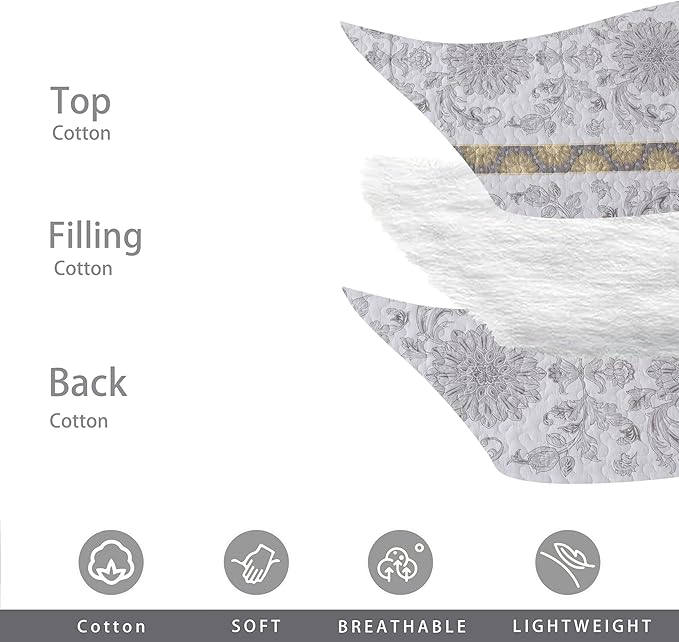 Homzard King Size Quilt - Cotton King Size Comforter Set,Grey Yellow White Striped Bedspread,Paisley Quilt Bedding,Lightweight Bedding with Two Pillow Shams