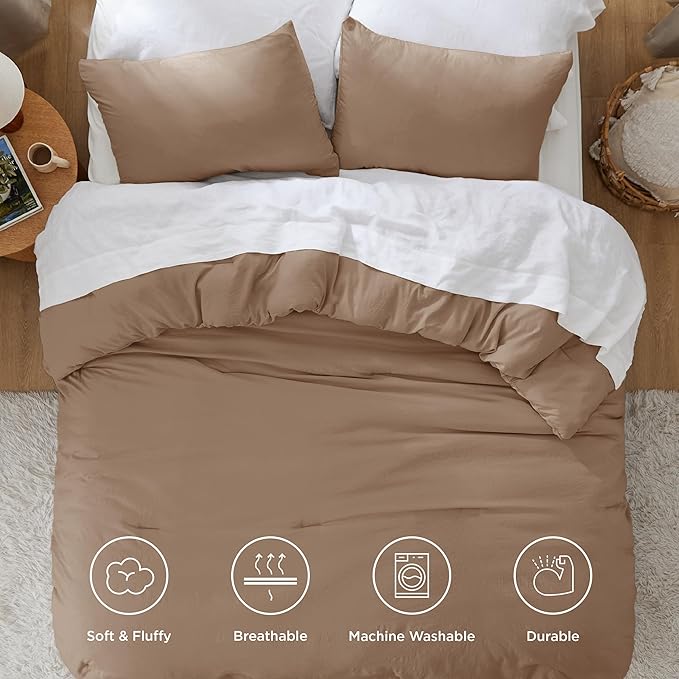 Bedsure Queen Size Comforter Set, Brown Soft Prewashed Bedding for All Seasons, 3 Pieces GentleSoft™ Warm Down Alternative Bed Set, 1 Lightweight Comforter (90"x90") and 2 Pillowcases (20"x26")