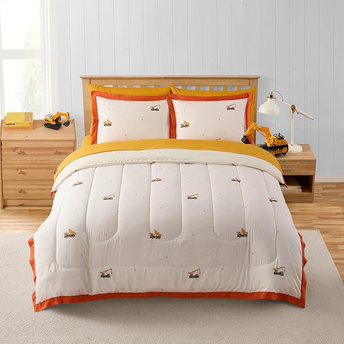 Construction Bedding Set Full Size – Bed in a Bag with Sheets, Pillowcases & Shams – Soft Construction Bedding Comforter Set with Dump Trucks, Cranes & Bulldozers – Fun Kids Construction Bedroom Decor