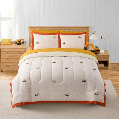 Construction Bedding Set Full Size – Bed in a Bag with Sheets, Pillowcases & Shams – Soft Construction Bedding Comforter Set with Dump Trucks, Cranes & Bulldozers – Fun Kids Construction Bedroom Decor