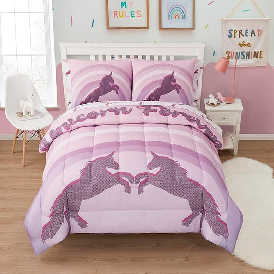 Kids Bedding Set Bed in a Bag for Boys and Girls Toddlers Printed Sheet Set and Comforter, Full, Unicorn Forever