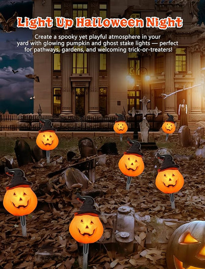 Halloween Pumpkin Pathway Lights Outdoor, 4PCS Jack O Lantern Pumpkin Light with Stake,Outdoor LED Walkway Lights Lights for Halloween Driveway Garden Yard Lawn Lights Decor