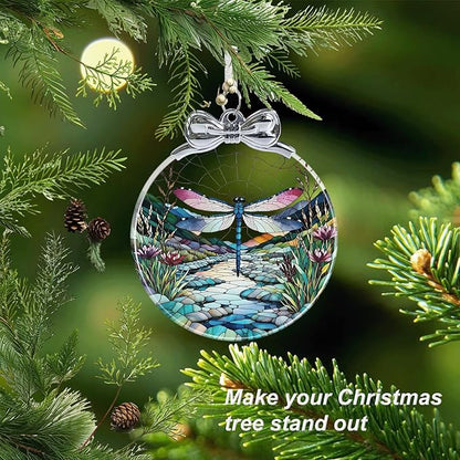 Dragonfly Stained Glass Christmas Ornament - Hanging Ornaments for Christmas Tree Decorations -Holiday Keepsake Present Exchange Idea