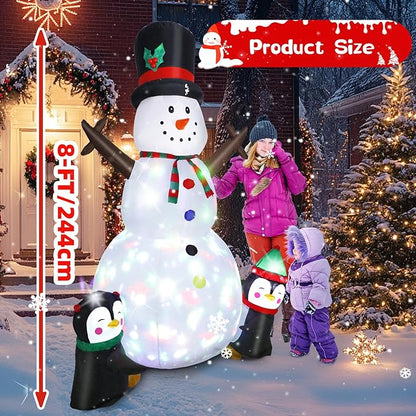 Dawdix 8FT Christmas Decs Inflatable Snowman, Christmas Blow Up Yard Decs Snowman with Penguins, Built-in Colorful Rotating LED Lights, for Holiday Xmas Party Garden, for Him, Her