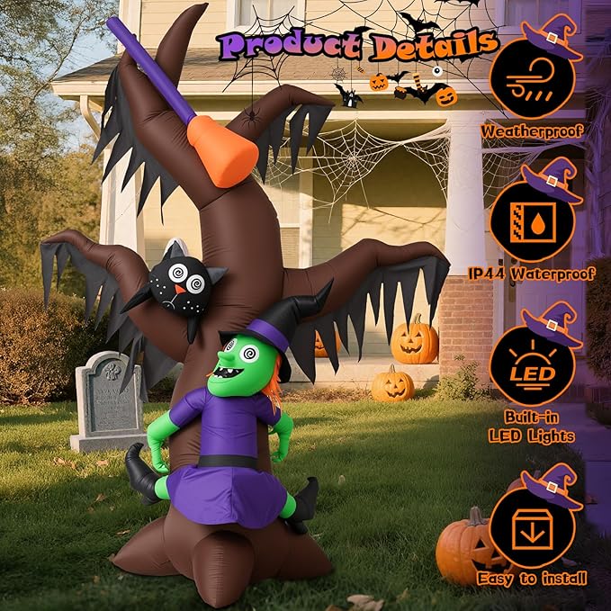 8FT Halloween Inflatables Tree with Witch, Cat & Broomstick, Halloween Blow Up Yard Decorations with 4 Built-in LED Lights, Self-Inflating Halloween Outdoor Decor for Garden, Lawn, Parties