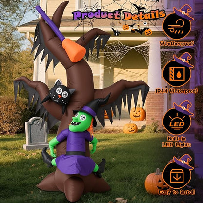 8FT Halloween Inflatables Tree with Witch, Cat & Broomstick, Halloween Blow Up Yard Decorations with 4 Built-in LED Lights, Self-Inflating Halloween Outdoor Decor for Garden, Lawn, Parties