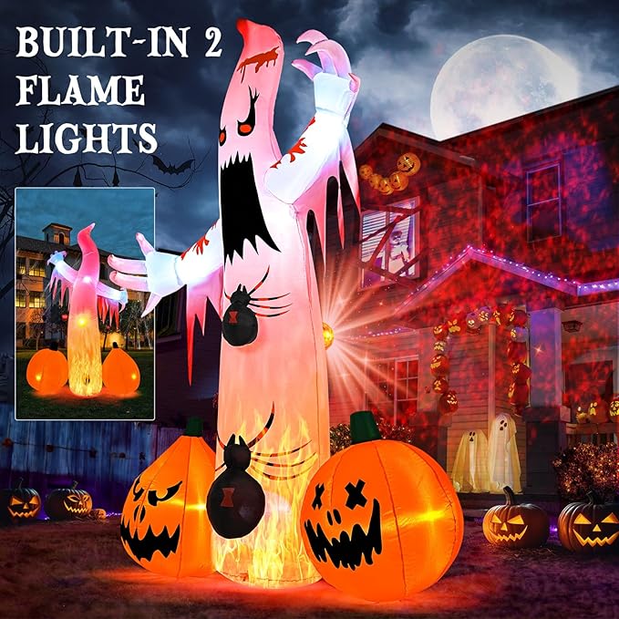 Kesfitt 8FT Halloween Inflatables Decorations Outdoor Ghost Built-in 2 Flame Flashing Projection Light,Blow Up Yard Inflatables with Pumpkin Spider for Outside Halloween Patio Party Garden Decorations