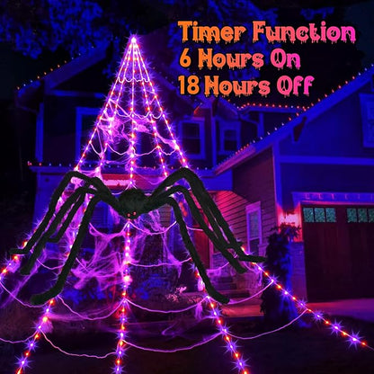 Halloween Spider Web Lights Decoration 250 LED Light up Spider Webs Halloween Decorations Outdoor with 59" Large Spider & 3.53 oz Stretch Cobweb 16.4 Ft Giant Web with 8 Modes (Purple & Orange)