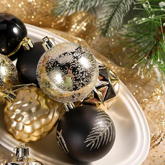 SHareconn 30ct 2.36 Inch Christmas Tree Balls Ornaments, Colored Shatterproof Plastic Decorative Baubles Decorations for Xmas Tree Decor Holiday Party Wedding Decoration (Black & Gold, 60mm)