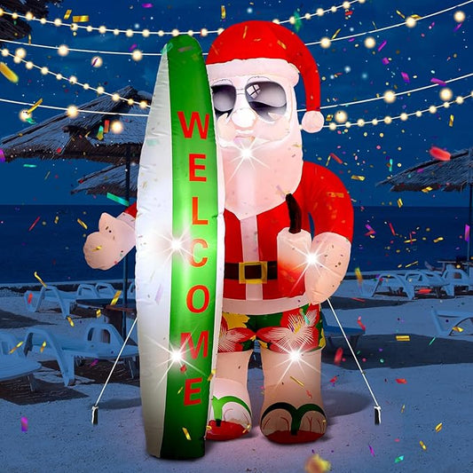 VIHOSE 5.4 Ft Christmas in July Inflatable Decorations Hawaiian Tropical Santa Claus on Beach Blow Up Yard Decor Build in Led Lights for Indoor Outdoor Garden Lawn Holiday Party