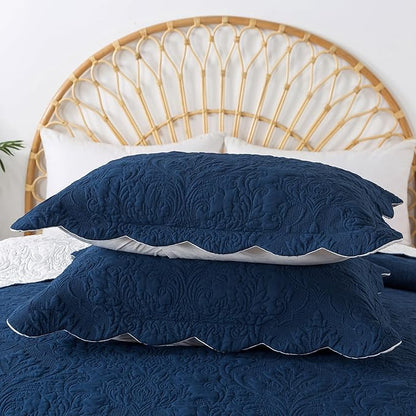 HoneiLife Queen Quilt Bedding Set - Microfiber Quilt Sets for Queen Bed, 3-Piece Lightweight Bedspreads,Reversible Coverlets Rustic Bed Cover, Floral Bedding Set All Season Quilts-Navy