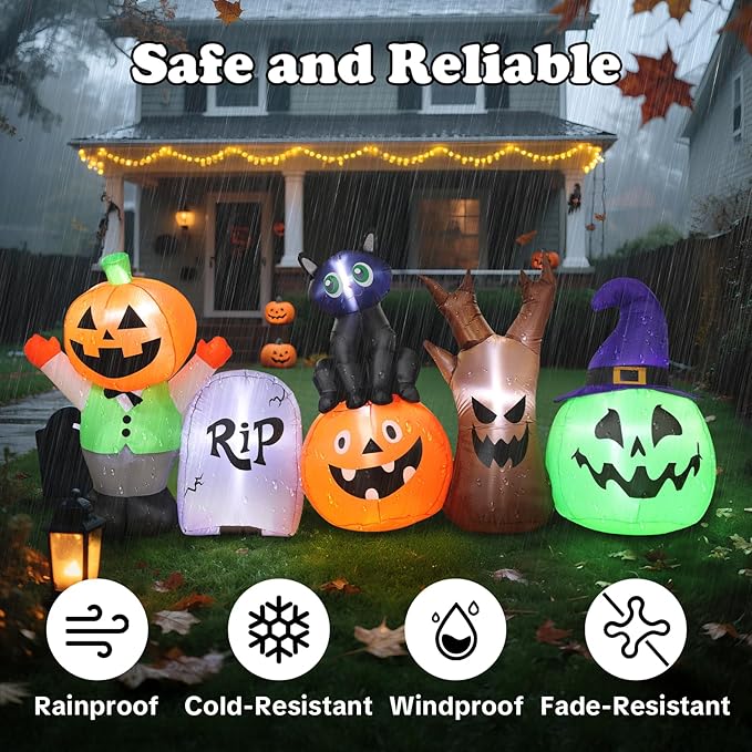 Halloween Inflatables Outdoor Decoration, Pumpkin/Tombstone/Black Cat/Ghost Tree, Cute Blow Up Yard Decor, for Outside Garage Door Graveyard Yard Porch Lawn (8.5ft Pumpkin+Black Cat)