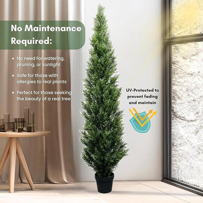 6 Feet Pre-Potted Evergreen Outdoor Artificial Cedar Tree for Front Porch Decor, Outdoor Entryway Decor Fake Tree, Tall Faux Tree with UV Resistant Coating (2 Pack)