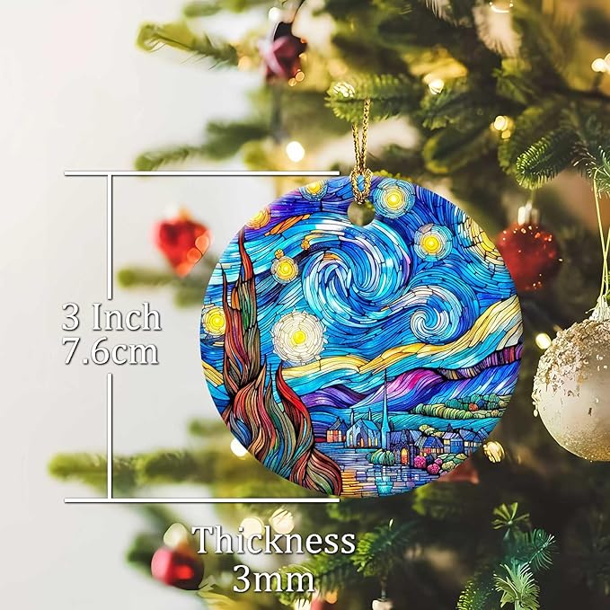 Starry Night Ornament Round Ceramic Ornament Xmas Keepsake for Christmas Tree Winter Holiday Xmas Gift for Women Men Xmas Hanging Ornament 3"
