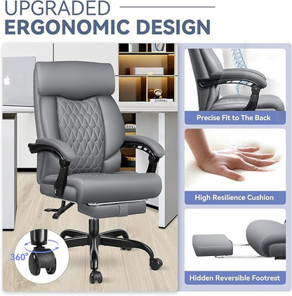 Big and Tall Reclining Executive Leather Office Desk Chair with Footrest and Lumbar Support
