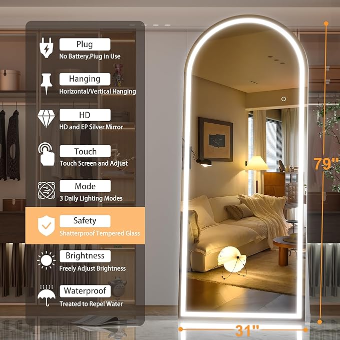 Hasipu 79" x 31" Led Mirror Full Length, Full Length Mirror with Lights Arch Design, Full Length led Mirror,Tempered Glass,Shatter-Proof, Dimming & 3 Color Modes for Bedroom Cloakroom-UL