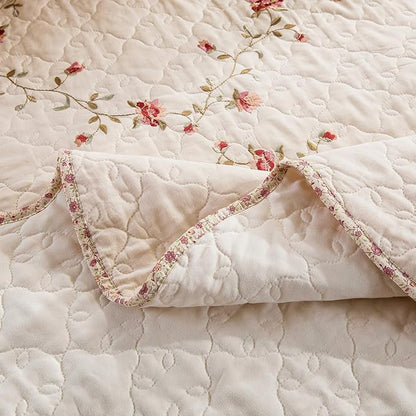 mixinni Floral Embroidered Quilt Set - 3 Pieces Reversible Quilt Bedding Set, 100% Cotton Quilt Queen Size Set Elegant Embroidery Bedspread Coverlet Set with 2 Pillow Shams for All Seasons (90"x98")