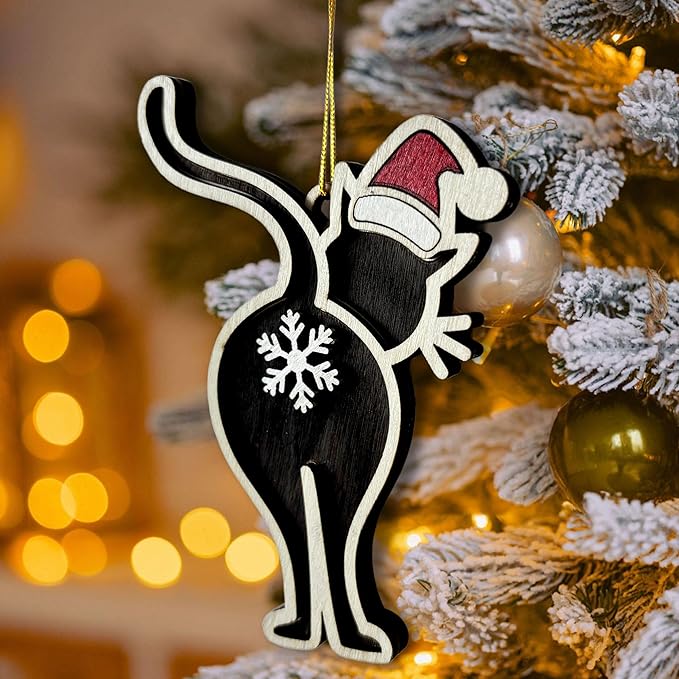 Black Cat Butt Christmas Ornament - Funny Cat Lover Holiday Decor - Wooden Kitten Tree Hanging Ornament with Snowflake Design - 2024 Xmas Ornament
