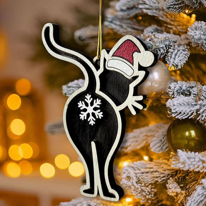 Black Cat Butt Christmas Ornament - Funny Cat Lover Holiday Decor - Wooden Kitten Tree Hanging Ornament with Snowflake Design - 2024 Xmas Ornament