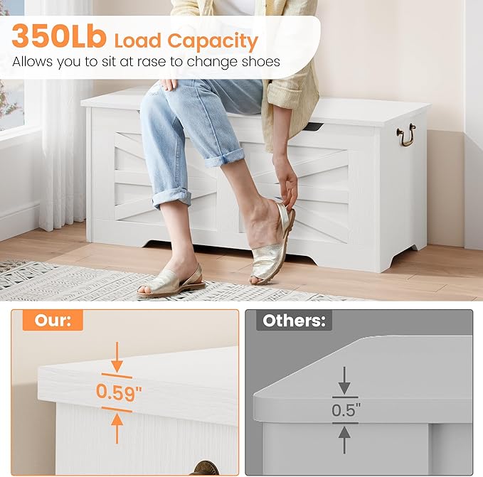 IDEALHOUSE 39.4" Toy Chest, Large Storage Chest with Safety Hinge, Kids Wooden Toy Box with Lid, Supports 350 lbs, Storage Bench Trunk for Entryway, Living Room, Bedroom, White