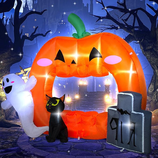 7FT Halloween Inflatable Pumpkin Photo Frame with Tombstone Black Cat White Ghost,Built-in LEDs for Halloween Blow Up Indoor Decor, Cute Fun Holiday/Party/Yard/Garden Fantasy Party Display