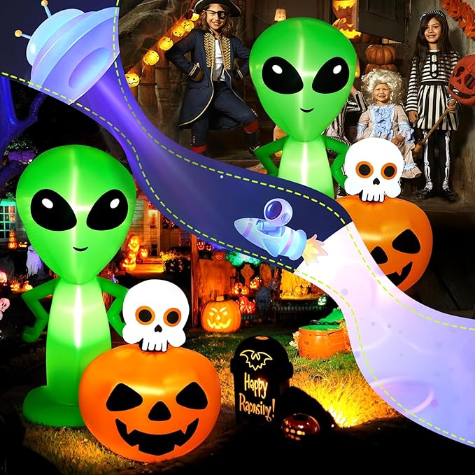 CAMULAND 6.8FT Halloween Inflatable Alien with Pumpkin Decorations Halloween Inflatable Blow Up Decor with Built-in LED Lights Outdoor Inflatable Decoration for Garden, Lawn, Yard