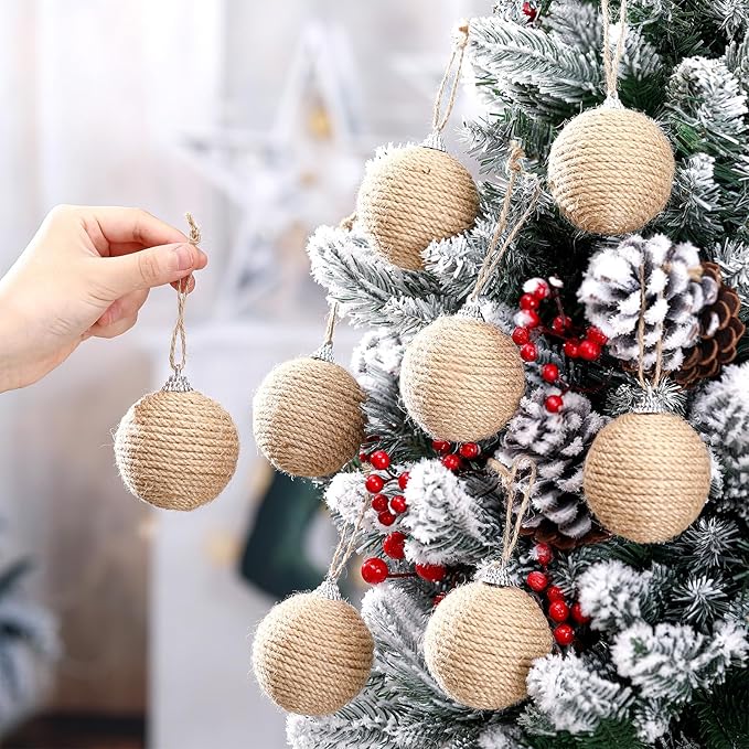 Syhood 9 Pcs 2.36 Inch Christmas Ball Ornaments Boho Farmhouse Jute Rope Hanging Balls Burlap Neutral Rustic Ornaments for Xmas Tree Holiday Wreath Garland Wedding Home(Linen)