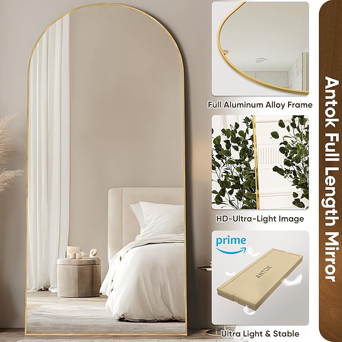 Full Length Mirror, 68"x26" Floor Mirror, Floor Standing Freestanding Arch Full Body Mirror with Stand for Bedroom, Hanging Mounted for Living Room Cloakroom, Gold