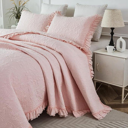 Brandream Queen Size Quilt Set Cotton Light Pink Quilts Shabby Chic Bedding Romantic Ruffle Bedspread Matelasse Coverlet Set 3-Piece