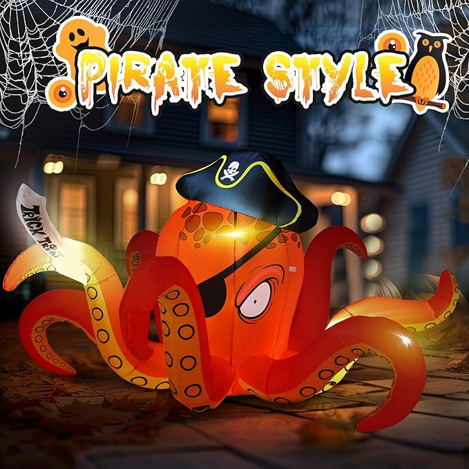 Hiboom Inflatables Giant Octopus Orange Pirate Octopus 7.2 FT Halloween Outdoor Decorations LED Light Blow up Halloween Decor for Indoor Outdoor Party Garden Lawn Decoration