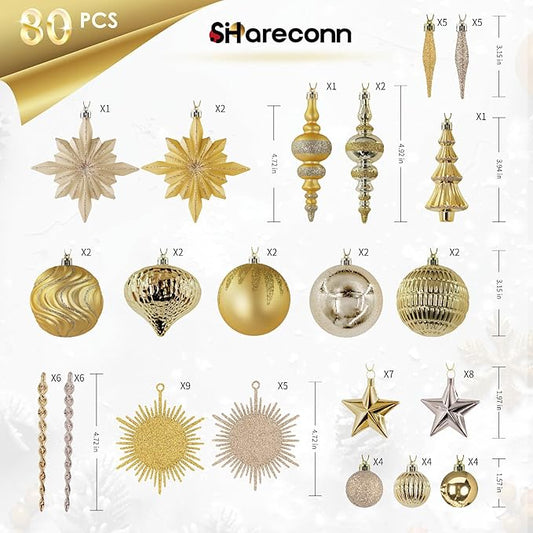 SHareconn 80pcs Christmas Balls Ornaments Set, Contemporary Light Luxury Gift Set, Shatterproof Plastic Decor for Xmas Tree Holiday Wedding Party Decorations with Hanging Strings, Dark and Light Gold