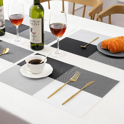 Leetaltree Gray with White Grid Pattern Placemats Set of 12 - Heat Resistant Non-Slip Place mats for Dining Table, Washable Durable PVC Vinyl Woven Table Mats（Grey Grid, 12）