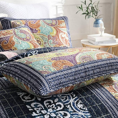 NEWLAKE Cotton Patchwork Bedspread, 3-Piece Bedding Quilt Set with Real Stitched Embroidery, Reversible Matelasse Bed Coverlet Set,Vintage Flowery Grid,King Size