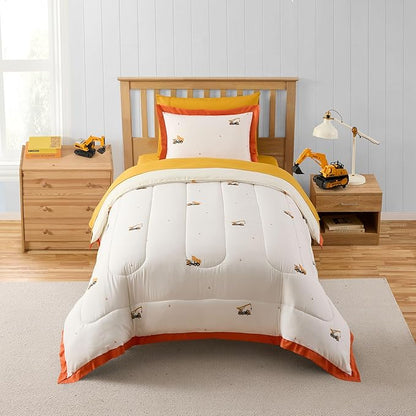 Construction Bedding Set Twin Size – Bed in a Bag with Sheets, Pillowcases & Shams – Soft Construction Bedding Comforter Set with Dump Trucks, Cranes & Bulldozers – Fun Kids Construction Bedroom Decor