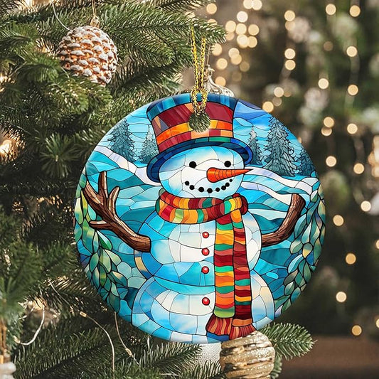 Snowman Ornament Round Ceramic Stained Glass Style Ornament Xmas Keepsake for Christmas Tree Winter Holiday Xmas Gift for Women Men Xmas Hanging Ornament 3"