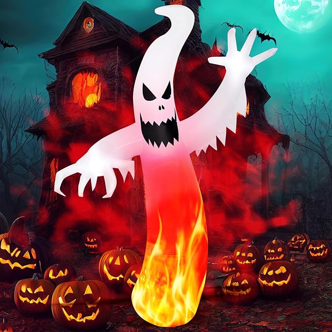 MGparty 8 FT Tall Halloween Inflatables Ghost Decorations Outdoor Indoor Blow Up Yard Decor with Built-in LED Lights Red Disco Lights for Lawn Garden Holiday Party
