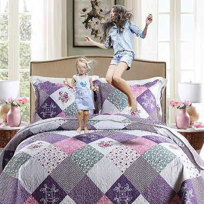 NEWLAKE Quilt Bedspread Sets-Floral Checkered Pattern Reversible Coverlet Set,King Size