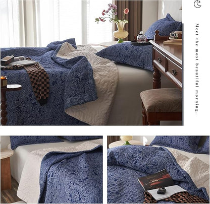 mixinni Navy Blue Floral King Size Quilt Set Soft Cotton Double-Layer Neutral Style Paisley Quilt Bedding Set Farmhouse Bedspread Coverlet Sets, 3-Pieces Including Pillow Shams (106x96 Inches)