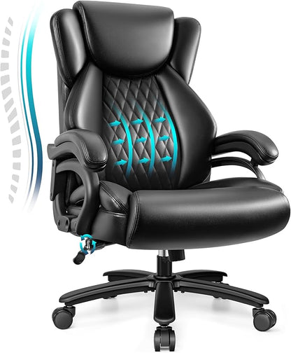 Big and Tall Office Chair 500lbs, Heavy Duty Executive Desk Chair with Adjustable Lumbar Support, Comfy Padded Cushion, Ergonomic PU Leather Home Computer Chair with Extra Wide Seat, Black