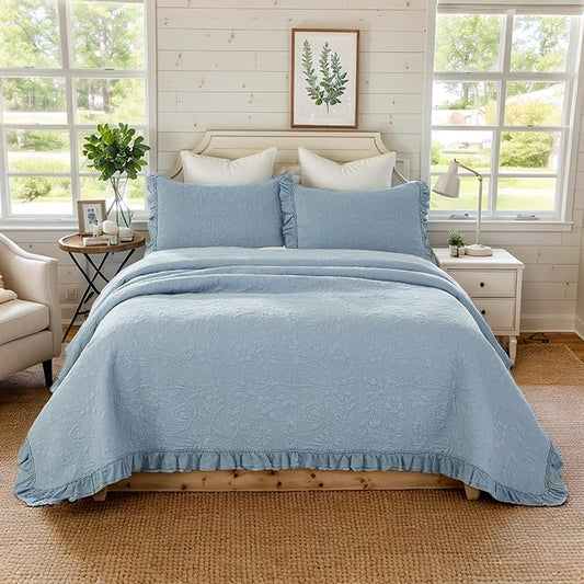 Brandream Queen Size Quilt Set Cotton Shabby Chic Bedding Light Blue Floral and Vine Matelasse Coverlet Set Ruffle Bedspreads 3-Piece