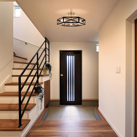 Kitchen Lighting Fixtures Ceiling,Farmhouse Flush Mount Ceiling Light with Metal Cage Modern Black and Gold Hallway Light Fixture Black Ceiling Light for Bedroom Bathroom Foyer 19.6 in