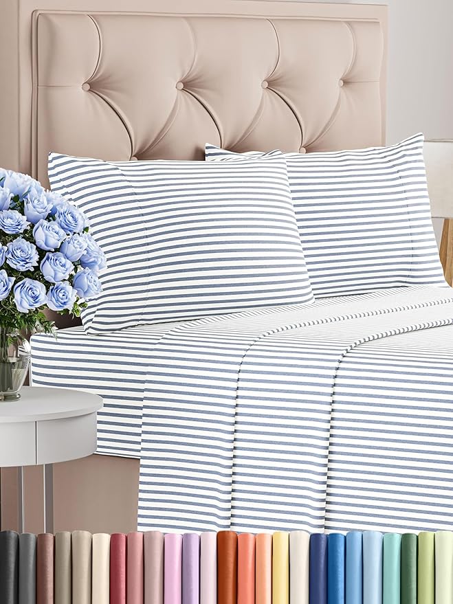 CGK Linens Twin 4 Piece Sheet Set - Cooling Sheets for Hot Sleepers - Hotel Luxury Bedding Set with 8-16 Inch Deep Pockets - 1 Flat & 1 Fitted & 2 Pillowcases - Soft and Wrinkle Free - Blue Stripes