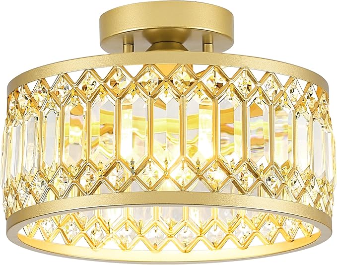 Crystal Ceiling Light Fixture, Modern Semi Flush Mount Ceiling Light, Gold Lighting Fixtures Ceiling Lamp for Hallway, Kitchen, Entryway, Bedroom, Laundry Room, 1-Light, 11.4 Inch
