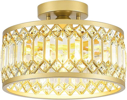 Crystal Ceiling Light Fixture, Modern Semi Flush Mount Ceiling Light, Gold Lighting Fixtures Ceiling Lamp for Hallway, Kitchen, Entryway, Bedroom, Laundry Room, 1-Light, 11.4 Inch